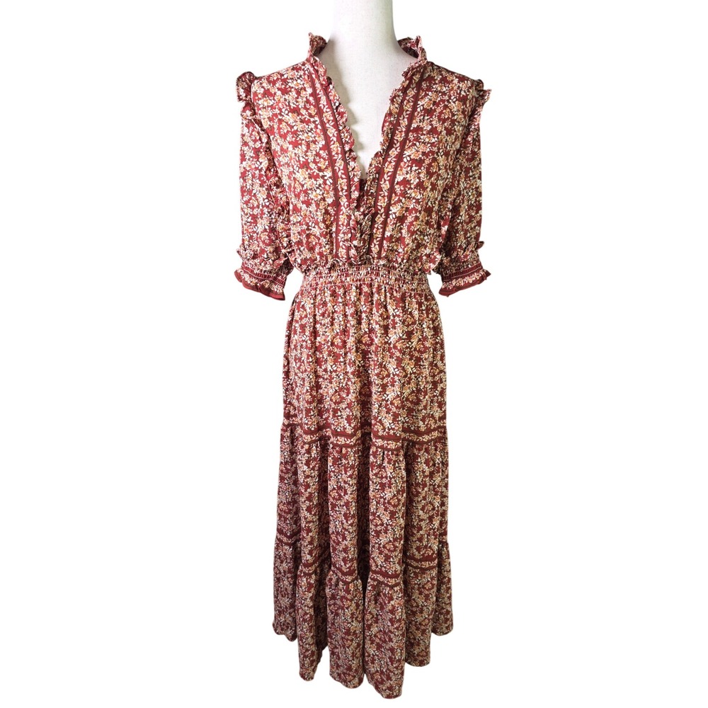 Max Studio Rust Floral Tiered Maxi Dress Ruffle V-Neck Smocked Waist NWT L